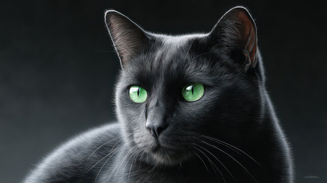 Mysterious Gaze of a Black Cat: A close-up shot of a sleek, ebony cat with piercing green eyes, gazing directly at the viewer, conveying a sense of mystery and grace against a dark backdrop.