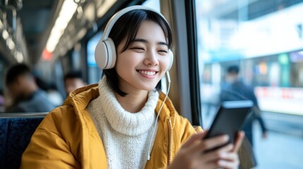Smiling woman listens to music on train, city view