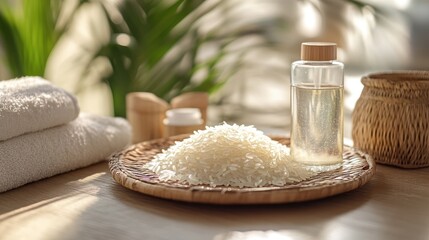Elevated wellness scene with rice, oil, and towels in natural light setting