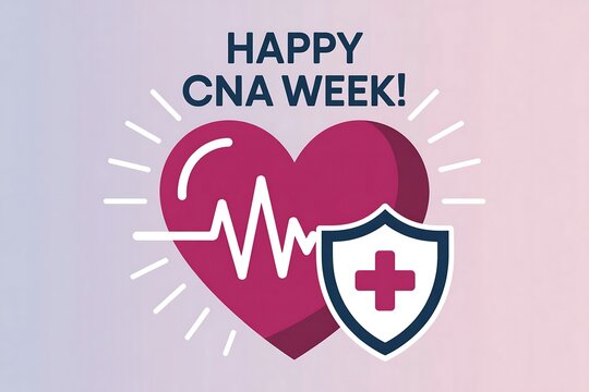 Happy cna week illustration with heart, heartbeat line, and shield on gradient background