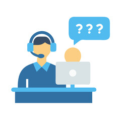 Confused support agent behind computer, vector illustration icon