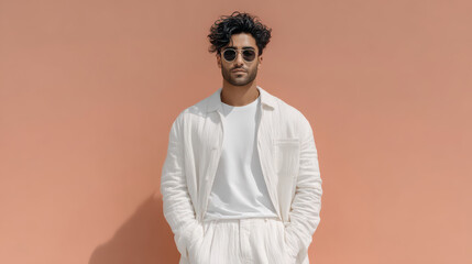 Obraz premium Effortless Elegance: A modern man in an all-white ensemble exudes relaxed confidence, his stylish sunglasses adding an air of mystery against a warm backdrop.