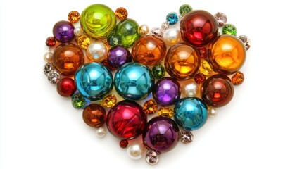 Colorful glass beads heart shape, white background, holiday decoration, love concept