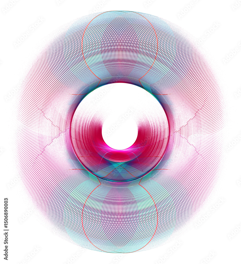 Poster abstract geometric rotating figure on a white background. striped colorful torus with patterns on th