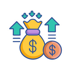 Stylized money bag and coin with upward arrow icons