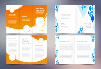 Business brochure set design template folder booklet tri-fold curves yellow, abstract rhombus blue