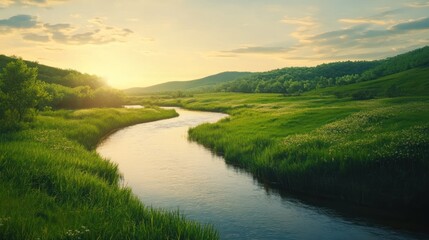 Fototapeta premium Serene River Valley Sunset