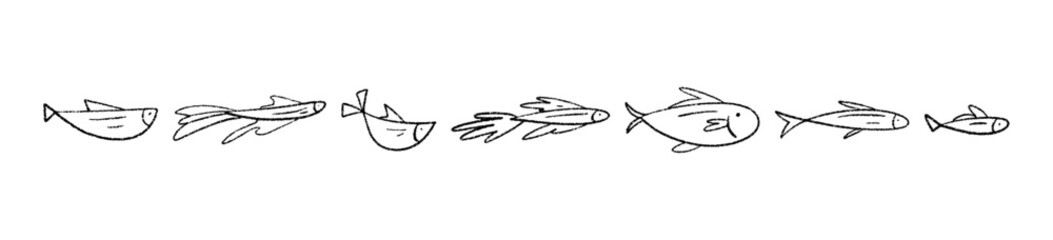 Hand-drawn fish pattern with marine life doodles. Oceanic tuna and salmon in sketch style. Flat vector illustration isolated on white background.