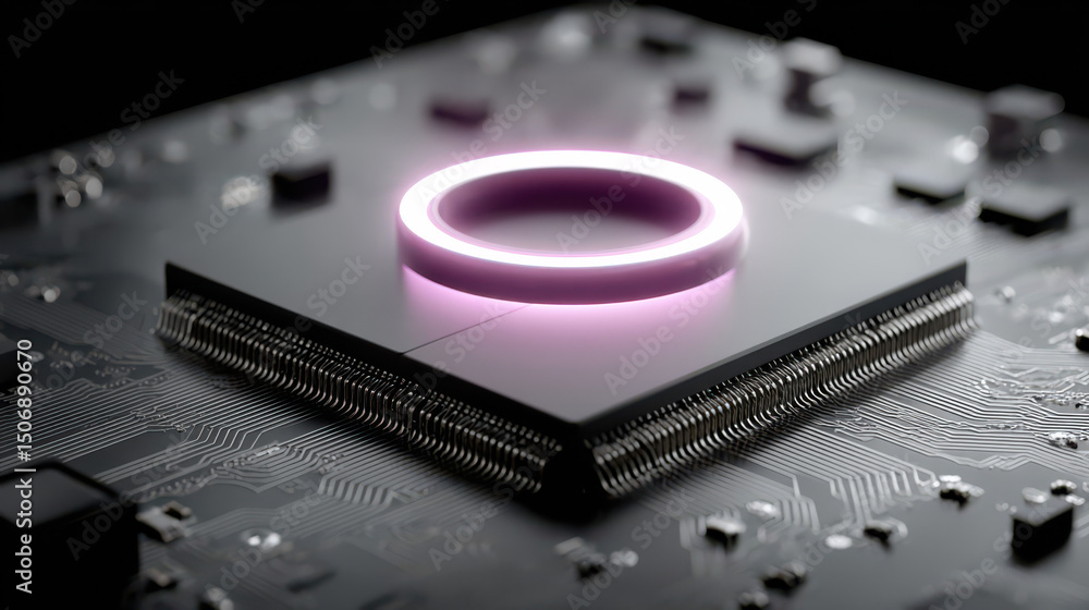 Poster powerful processor: close-up view of a powerful computer processor with a glowing pink ring, showcas