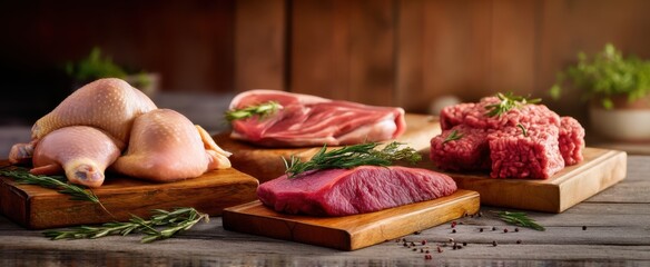 The arrangement of fresh meats on wooden boards with herbs and spices.