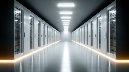 Cyber Serenity: a tranquil and futuristic server room, with rows of servers, showcasing a data center's efficiency and technological innovation. 