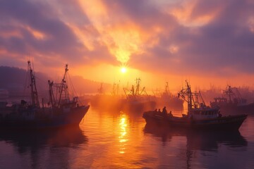 Fototapeta premium Fishing boats in harbor at sunrise with vibrant colors reflecting on calm water