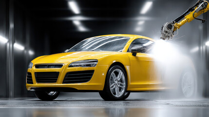 Yellow Car Being Washed: A vibrant yellow sports car undergoes a high-pressure wash. The image is a dynamic depiction of automotive maintenance.