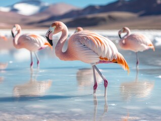 Obraz premium Group of flamingos wading in shallow water at a salt flat under a clear blue sky during daylight hours