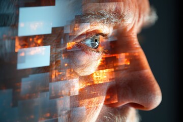 Close-up of an elderly man's face with digital overlay effects showcasing technology and vision innovation
