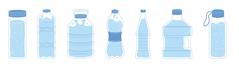 Collection of water bottles in different shapes and styles. Plastic bottle set for various uses. Set of plastic bottle icons in blue color. Flat outline style with textures