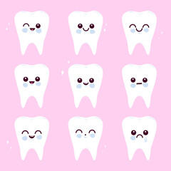 Obraz premium Funny cute dental hygiene set with cartoon teeth characters smiling. Cute kids dentist office cartoons. Dental hygiene tooth set. Children dentistry, oral hygiene characters. Vector illustration