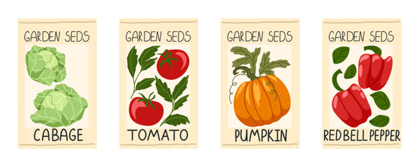 Vegetable seeds packages vector set. Pack of cabbage, tomato, pumpkin, red bell pepper seeds. Package design for gardening farming agriculture