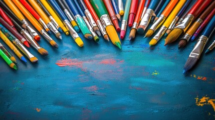 Obraz premium Vibrant Collection of Colorful Paintbrushes on a Blue Wooden Surface