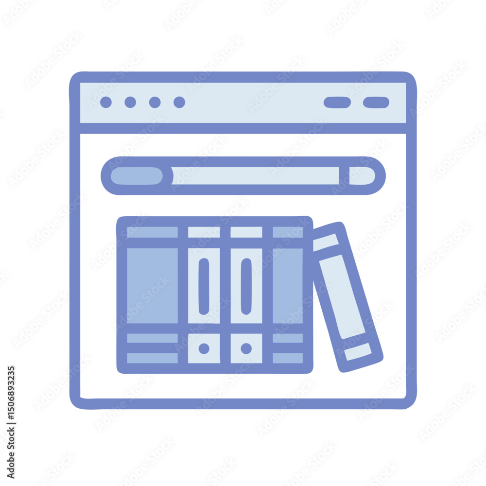 Poster browser window graphic showing digital library with search bar