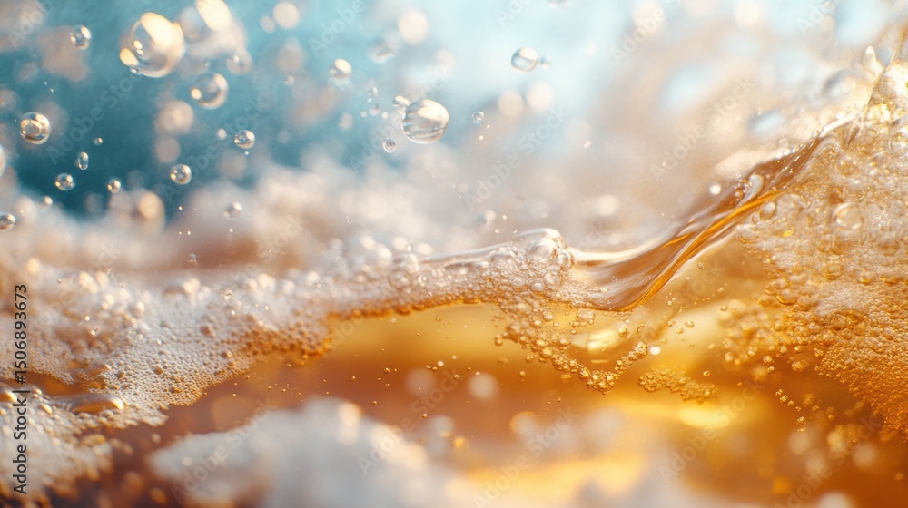 Poster bubbly golden liquid creates mesmerizing patterns and textures under soft light in a serene atmosphe