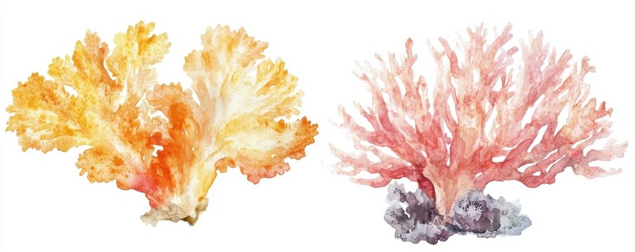 set corals two pieces of dried, watercolor style, on white background