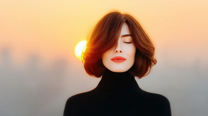 Serene Contemplation: A woman closes her eyes in quiet contemplation, her face illuminated by the soft glow of the setting sun, representing inner peace and mindfulness.