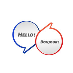Interconnected Speech Bubbles Hello and Bonjour in Blue and Red