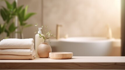 Wooden tabletop, empty podium product display, over blurred bathroom background with white bath, shampoo, towels, plants, light from the window.	

