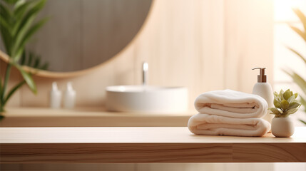 Wooden tabletop, empty podium product display, over blurred bathroom background with white washbasin, shampoo, towels, mirror.	

