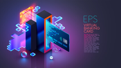 Virtual digital banking card in cyberspace.. An online bank issues virtual credit card for online shopping, vacations. Big credit card is flying in virtual digital world. Sea, mountains, sun, clouds.