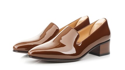 Elegant brown women court shoes with a sleek finish, isolated on a clean white background with soft lighting to enhance their beauty,