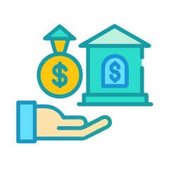 Financial gain represented through bank building and money bag