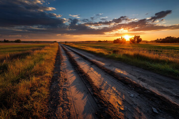 Country Road Through Green Fields at Sunset - Rural Landscape Scene