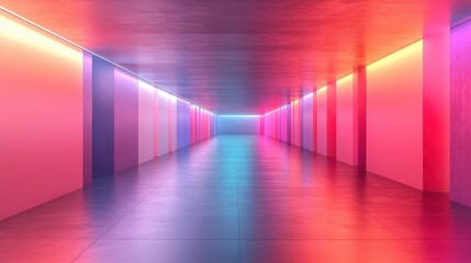 Futuristic Neon Corridor with Vibrant Lights and Reflection Effects