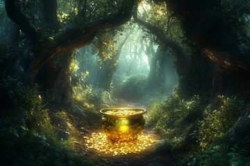 Treasure pot full of gold coins glowing in mystical forest under magical light