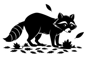 Obraz premium Raccoon Silhouette Among Leaves Artistic Black and White Illustration