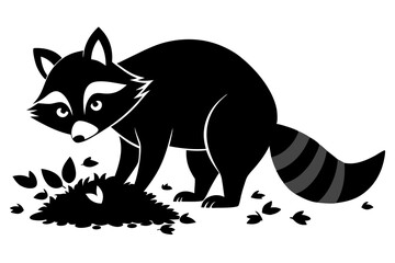 Obraz premium Raccoon Silhouette Digging Through Leaves Isolated On White Background Vector Image Black And White