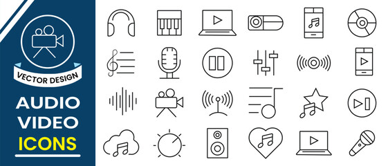 Audio and video icon set collection. Line icon collection set of audio and video symbol and sign.  Contains icons such  as music, cinema, file, song, radio, microphone, speaker. Vector illustration.