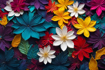 Obraz premium An overhead shot of a collection of bright, multi-colored flowers and foliage that includes distinct red, yellow, white, and teal flowers, together with varied green and purple leaves.