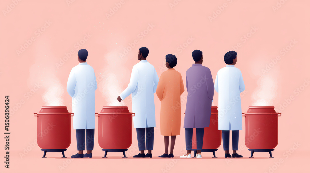 Poster scientific gathering: a group of scientists and researchers observe a series of steaming containers,
