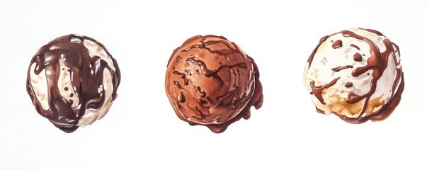 set three different ice creams covered with chocolate top view, watercolor style, on white background