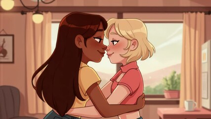 Animated lesbian couple sharing an intimate moment in their cozy living room scene