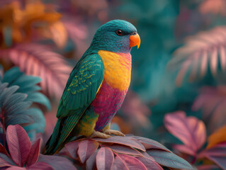 Fototapeta premium A striking parrot, with its dazzling array of colors, perches amidst lush foliage, embodying the beauty of a tropical environment. 