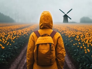 Person in yellow raincoat stands in tulip field near windmill during foggy morning in springtime countryside