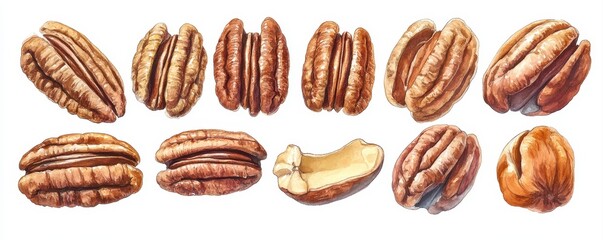 Obraz premium set pecan nuts, watercolor style, on white background