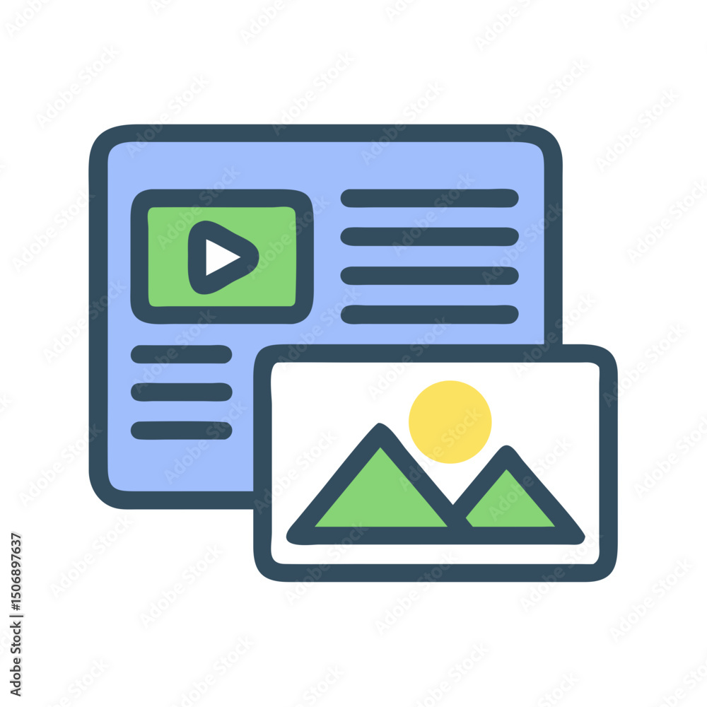 Poster website and image display with play button flat illustration