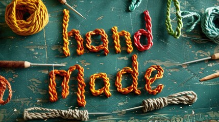 Hand made lettering created with colorful twisted rope on rustic wooden background. Crafting materials