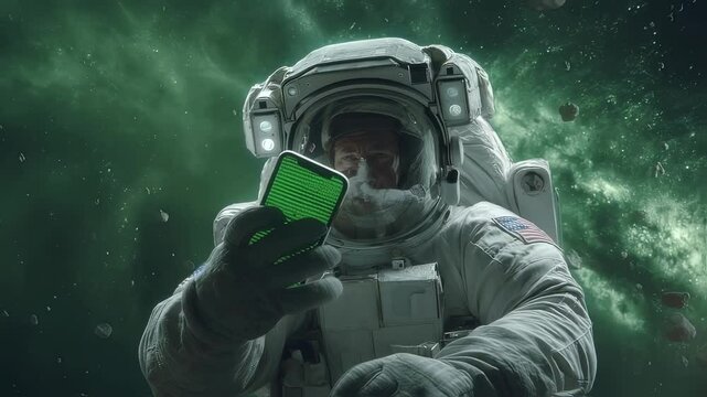 Professional astronaut wearing spacesuit with american flag patch operating smartphone near green nebulae and asteroids, exploring digital communication during space mission