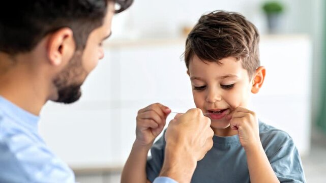 Young boy and adult flossing together, promoting healthy dental care and building lifelong healthy habit
